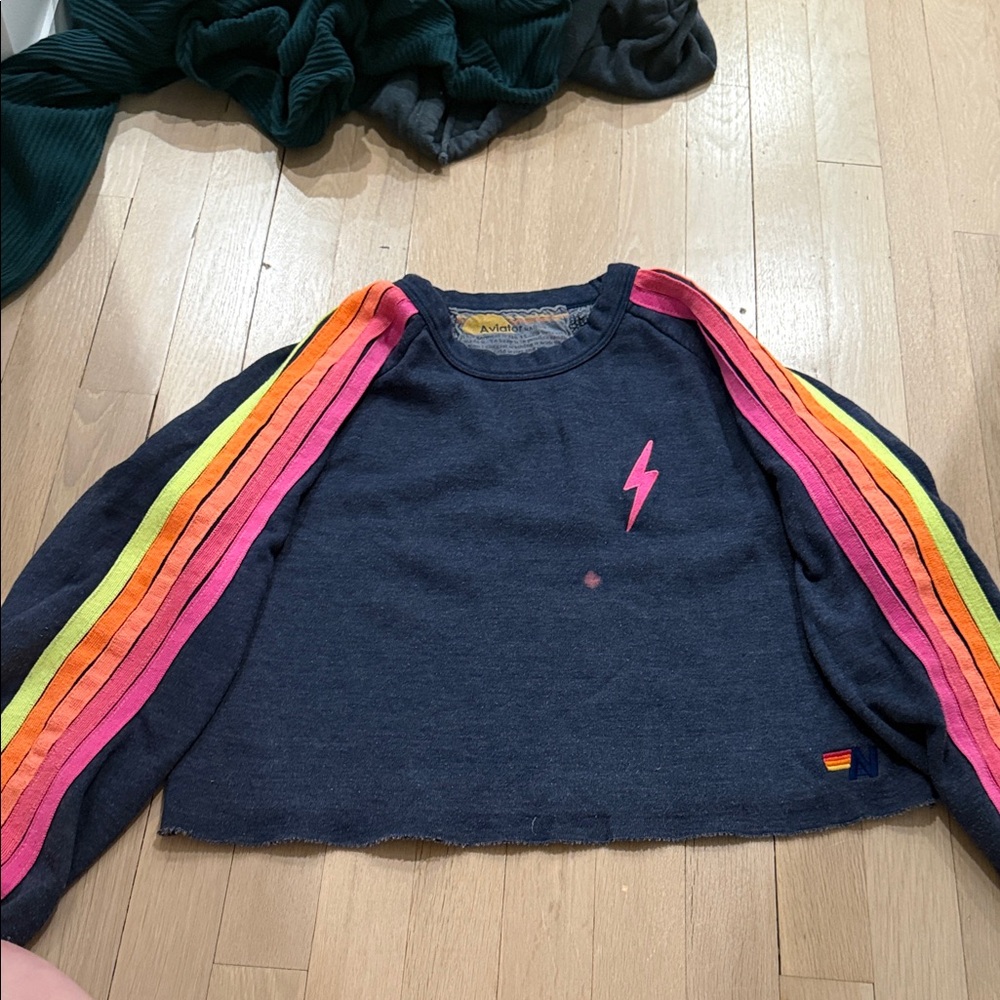 Aviator Nation Navy Cropped Hoodie with Neon Rainbow Stripe Sleeves